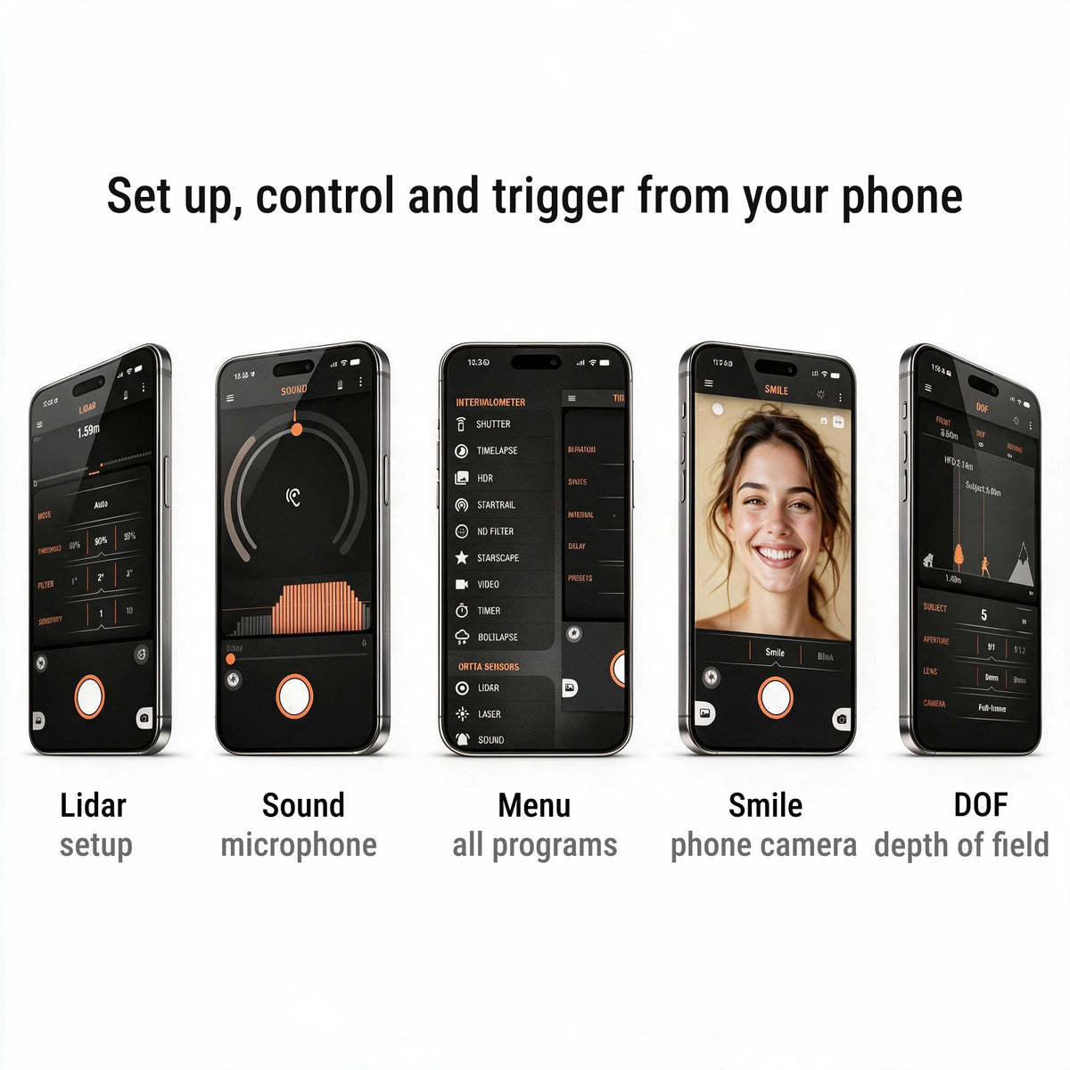 Ortta app on iPhone showing Lidar setup, Sound and Smile smart sensors, the program menu and the depth of field calculator