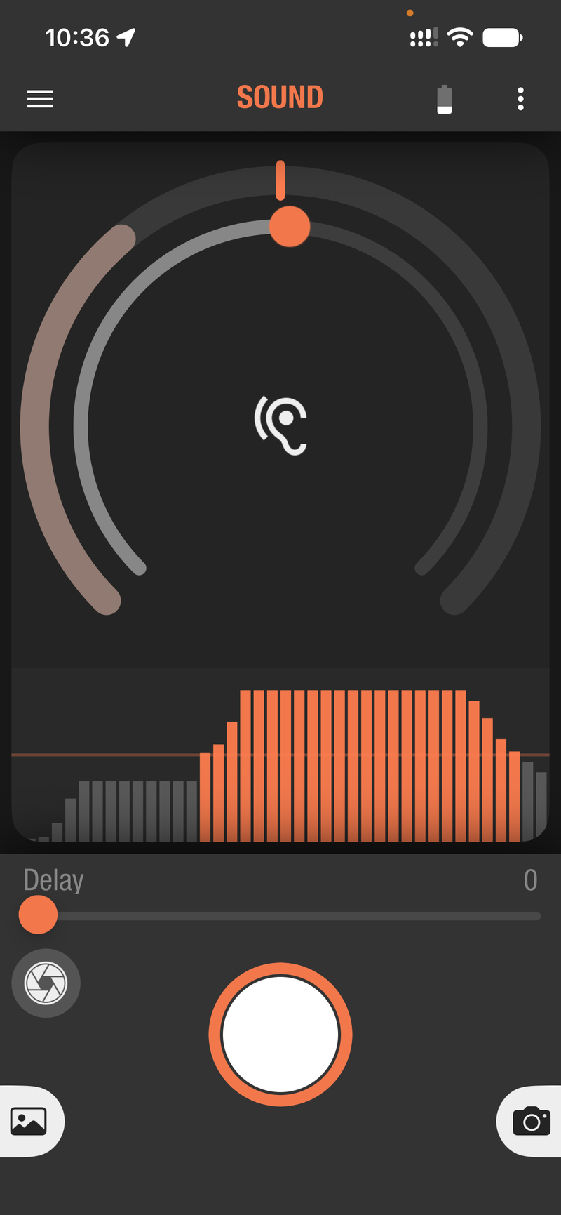 Ortta app Sound page with the dial, the level histogram and the Delay slider