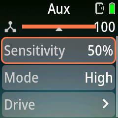 Pluto 2 Aux page with the live input bar, Sensitivity, Mode and Drive