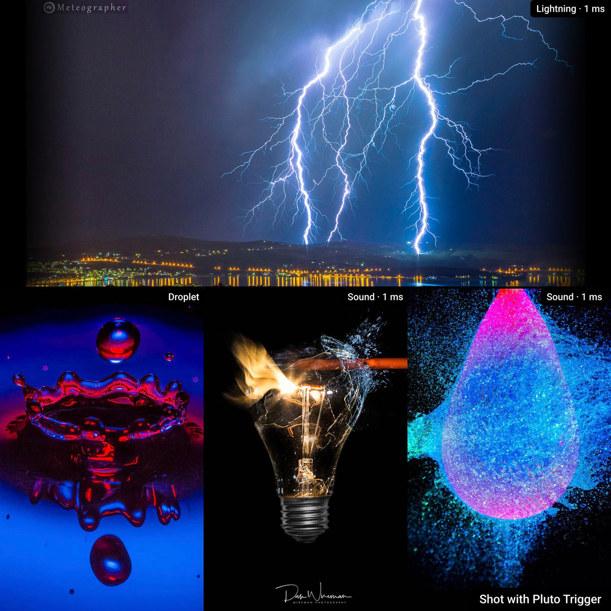 High-speed photos of a water splash, a bursting balloon and lightning, shot with Pluto Trigger
