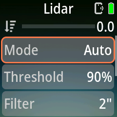 Pluto 2 Lidar page in Auto mode, showing Mode, Threshold and Filter