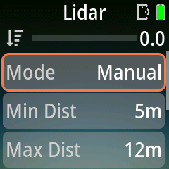 Pluto 2 Lidar page in Manual mode, showing Mode, Min Dist and Max Dist