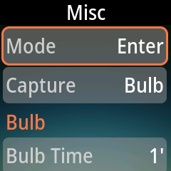 Pluto 2 Lidar Misc submenu with Capture set to Bulb, showing Bulb Time and Bulb Gap