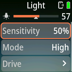 Pluto 2 Light page with the live light bar, threshold marker, Sensitivity, Mode and Drive