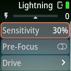 Pluto 2 Lightning page with the live light-change bar, Sensitivity, Pre-Focus toggle and Drive