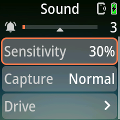 Pluto 2 Sound page with the live level bar, Sensitivity, Capture and Drive